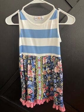 Oopsie Daisy- Girls Blue & White Stripe Bodice Floral Dress